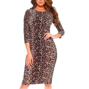 YELETE Animal Print Bodycon Midi Dress 3/4 Sleeve Brushed Stretch Jersey